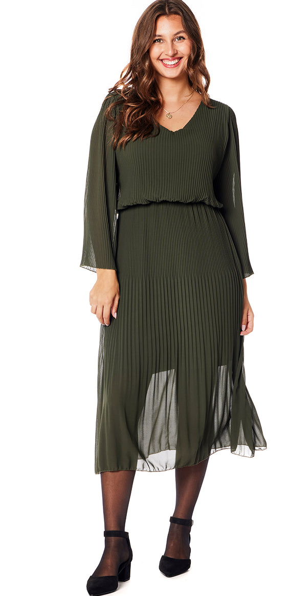Plisseret kjole med elastik i taljen khaki Likelondon