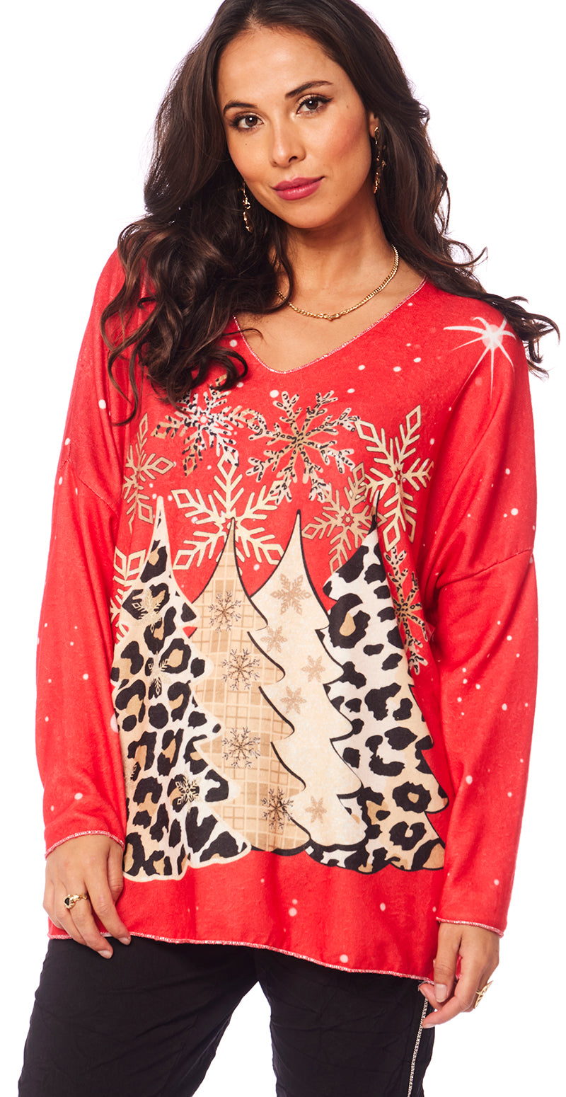 Neel julebluse med leopard juletræer rød LikeLondon