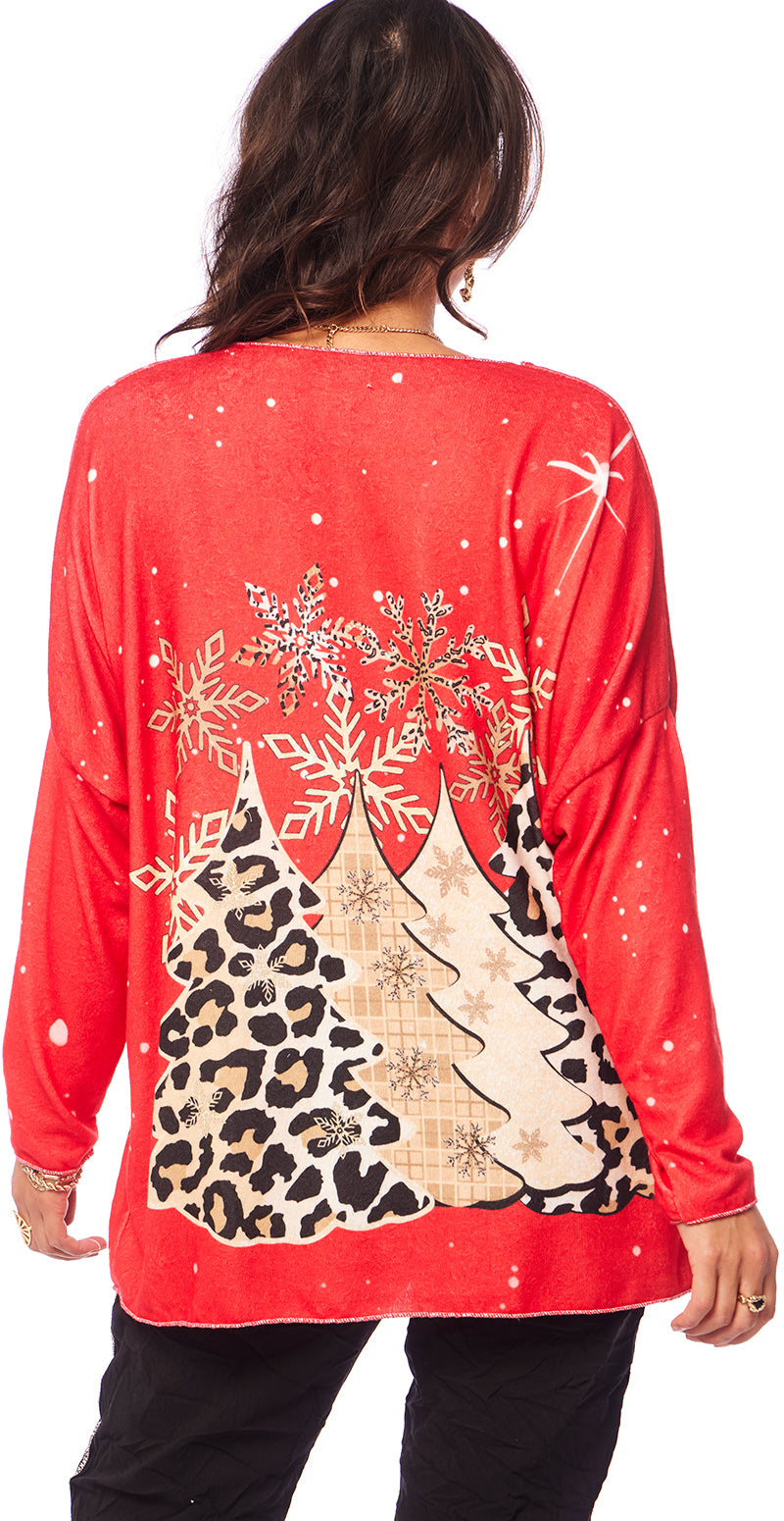 Neel julebluse med leopard juletræer rød LikeLondon
