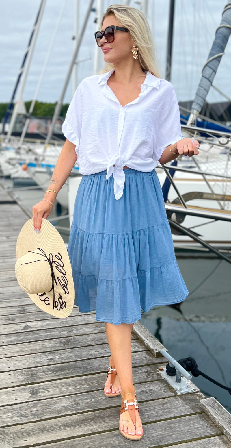 Gigi nederdel med peplum og elastik i taljen denimblå