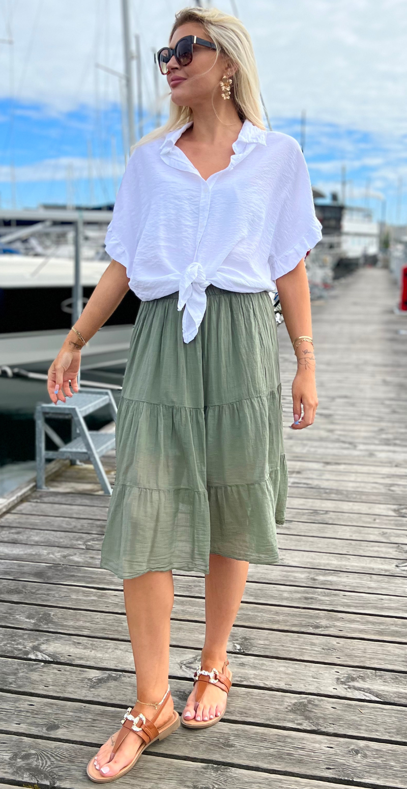 Nederdel med peplum og elastik i taljen khaki