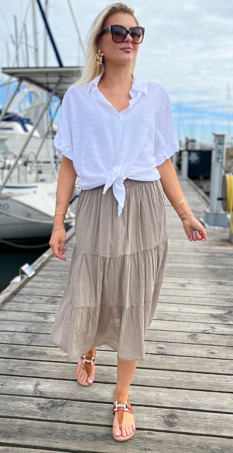 Nederdel med peplum og elastik i kant mocca