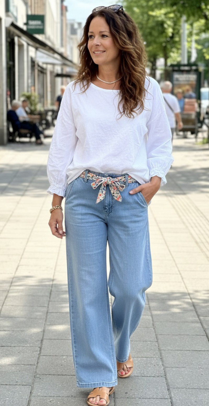 Mynthe denimbukser med blomstret stofbælte medium jeans LikeLondon