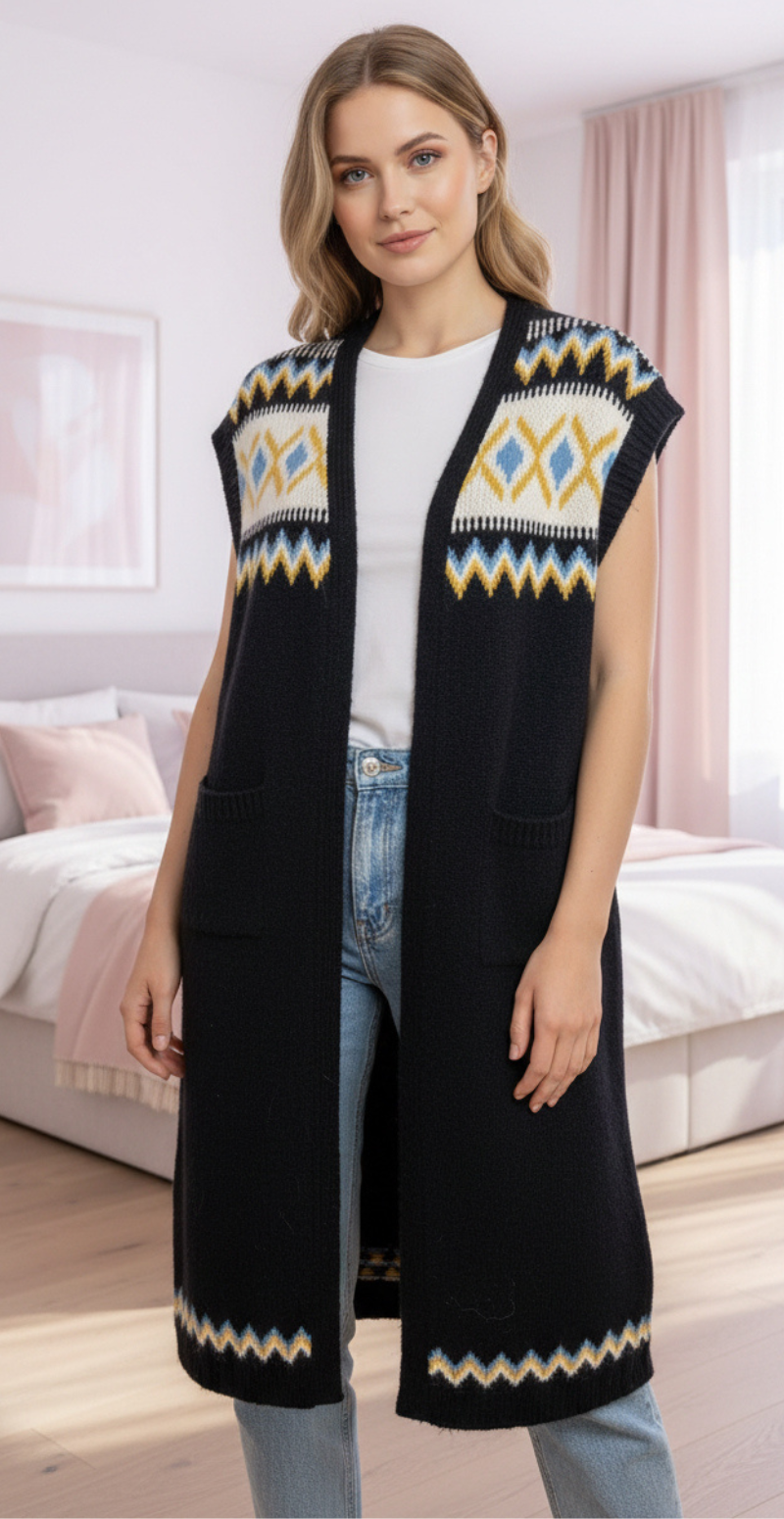 Fjola ærmeløs uldcardigan med mønster sort LikeLondon