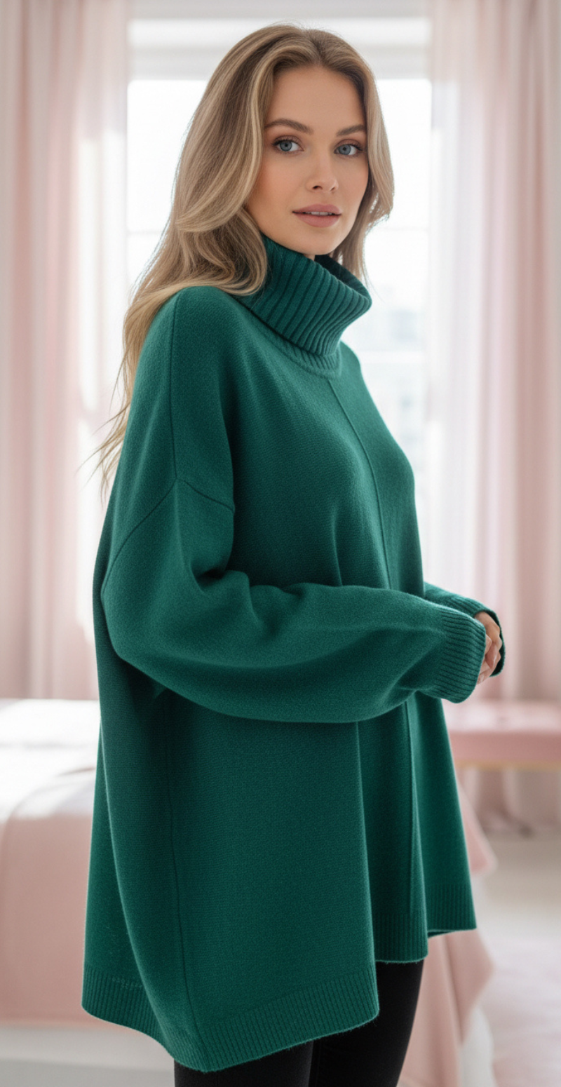 Metha strik med rullekrave og vidde og syning foran grøn LikeLondon