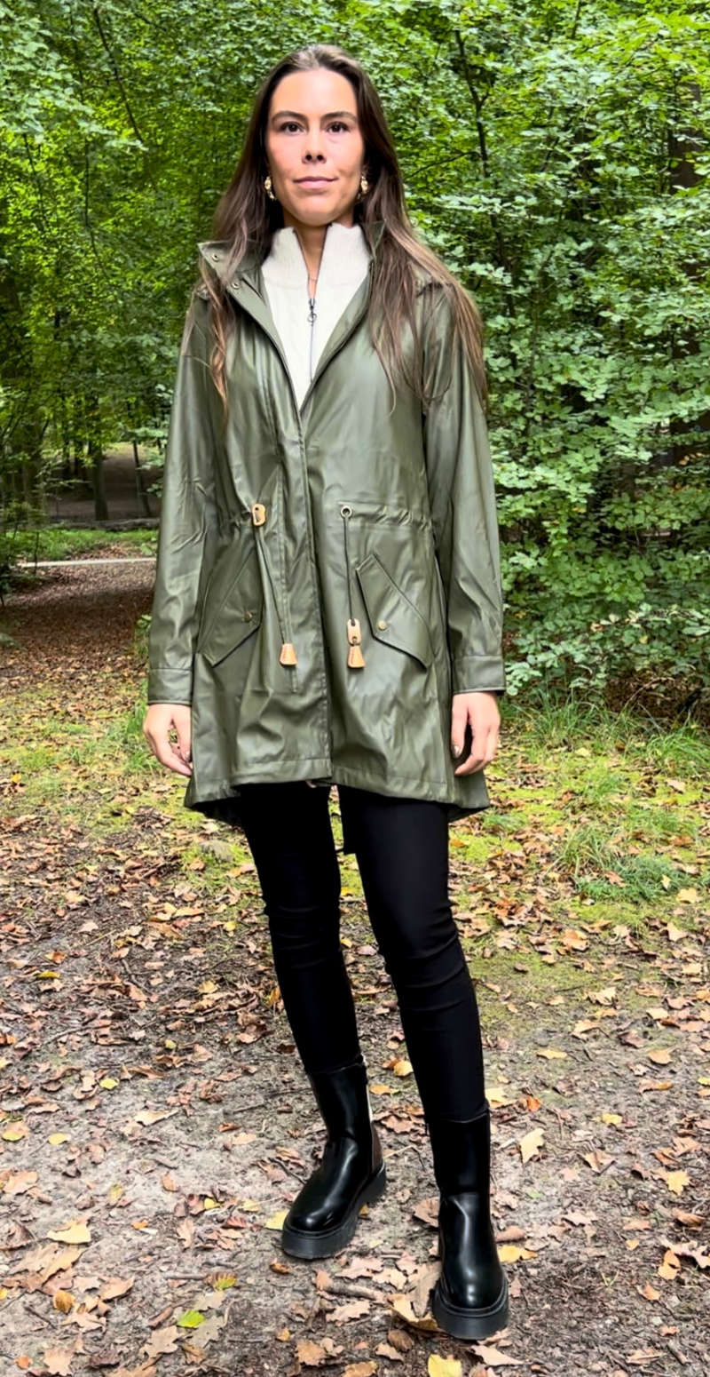 Alexa regnjakke med hætte og lommer army