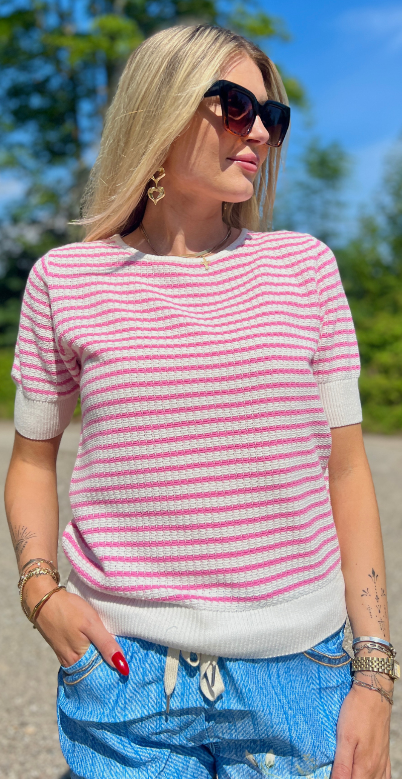 Dodo pullover med striber hvid w. fuchsia