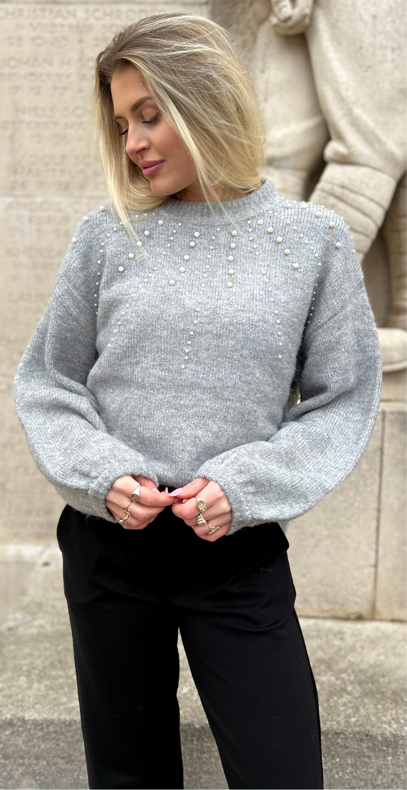 Pearl uld-pullover med perler grå