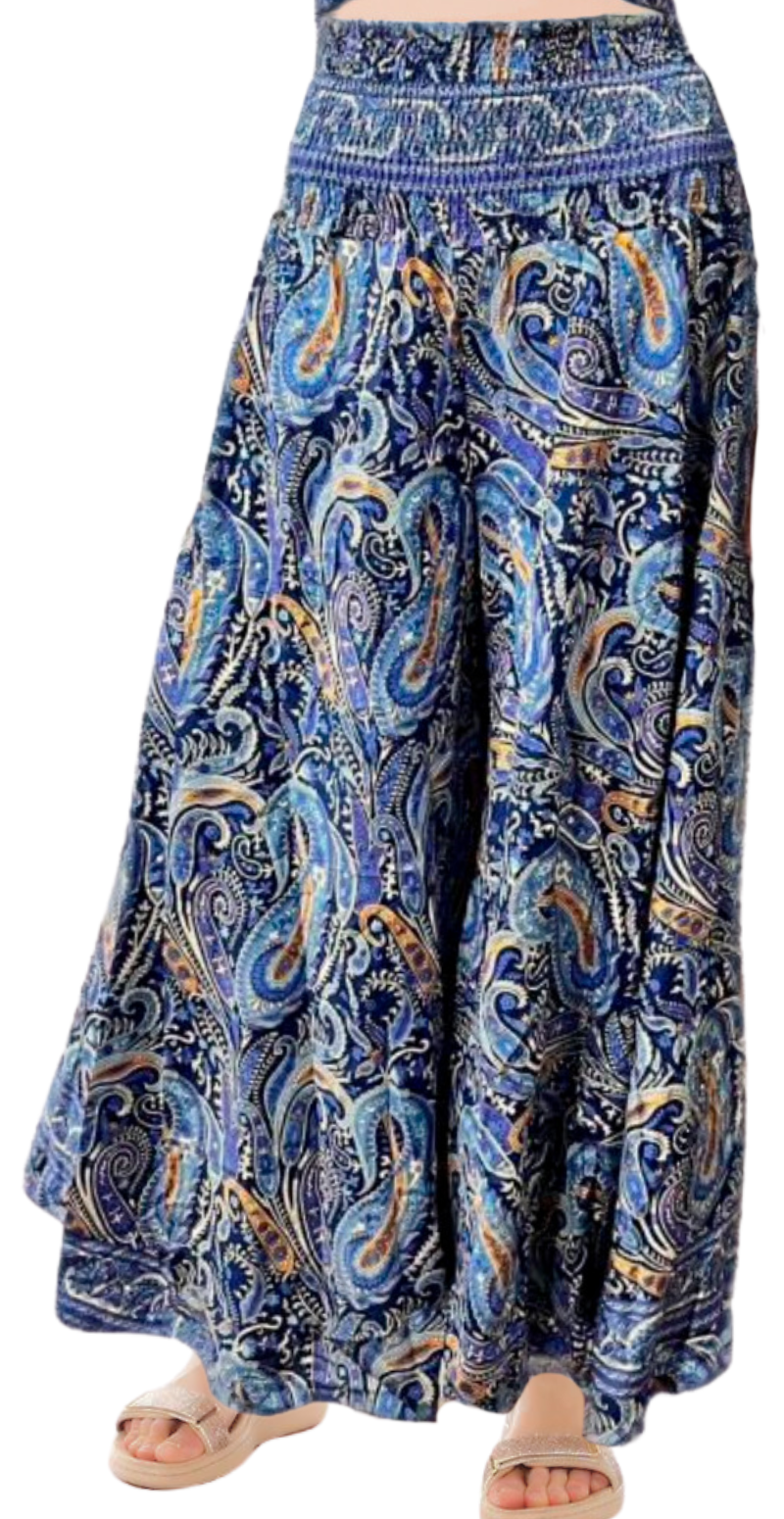Gaia brede silke bukser med paisley print navy Likelondon