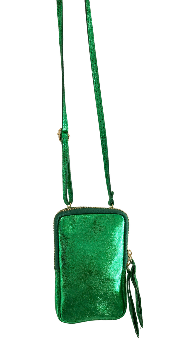 Crossbody læder mobiltaske metallic æblegrøn Likelondon