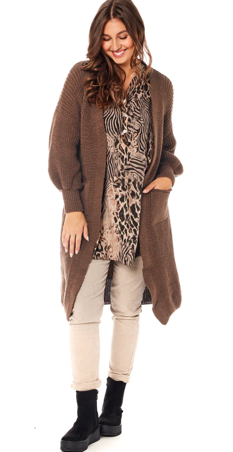 Asta lang strik cardigan med lommer brun LikeLondon