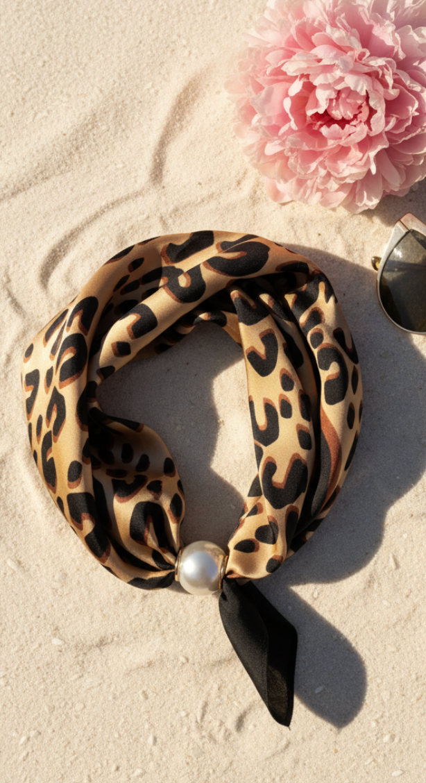 Tørklæde med perle og magnetlukning camel leopard LikeLondon