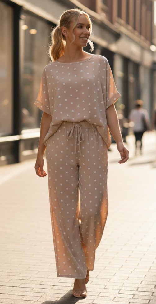 Helene sæt med polkaprikker bluse og bukser beige LikeLondon
