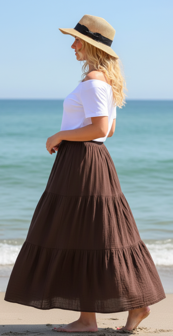 Gigi lang nederdel med peplum brun LikeLondon