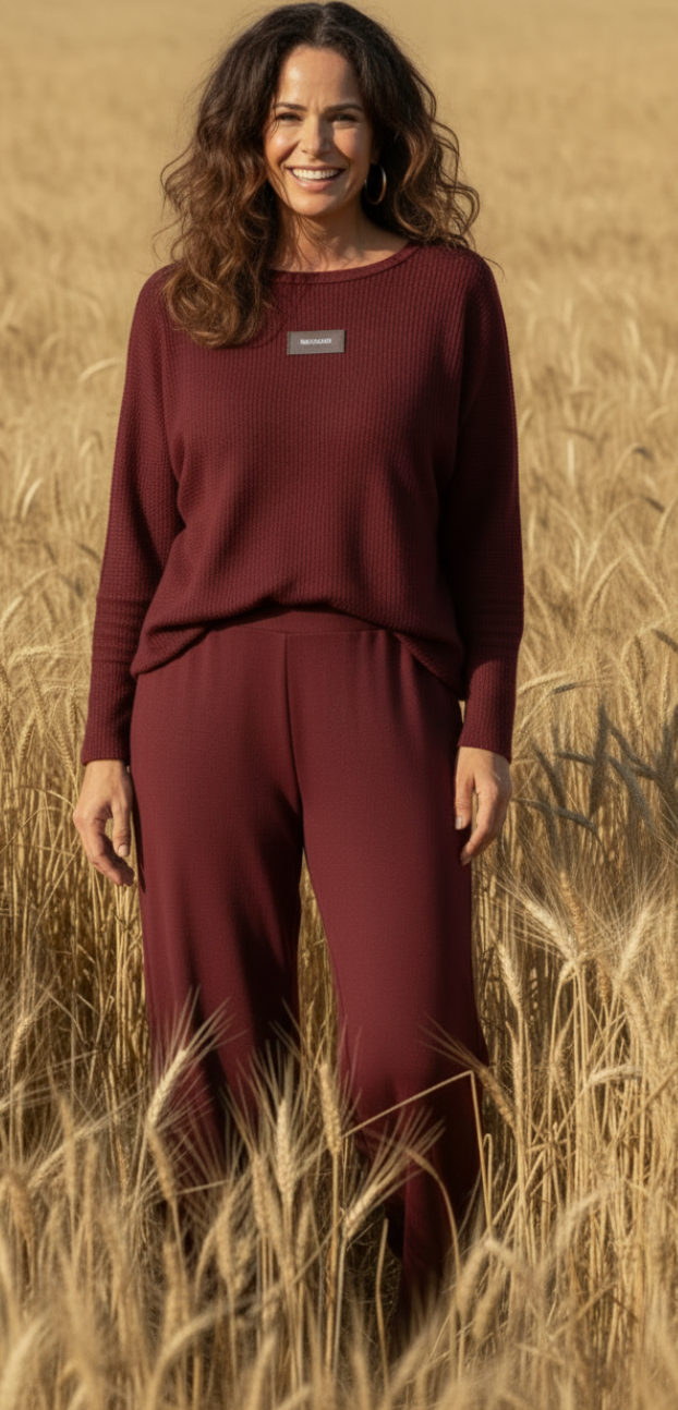 Tessie sæt med struktur og logo fortil bluse og bukser wine LikeLondon