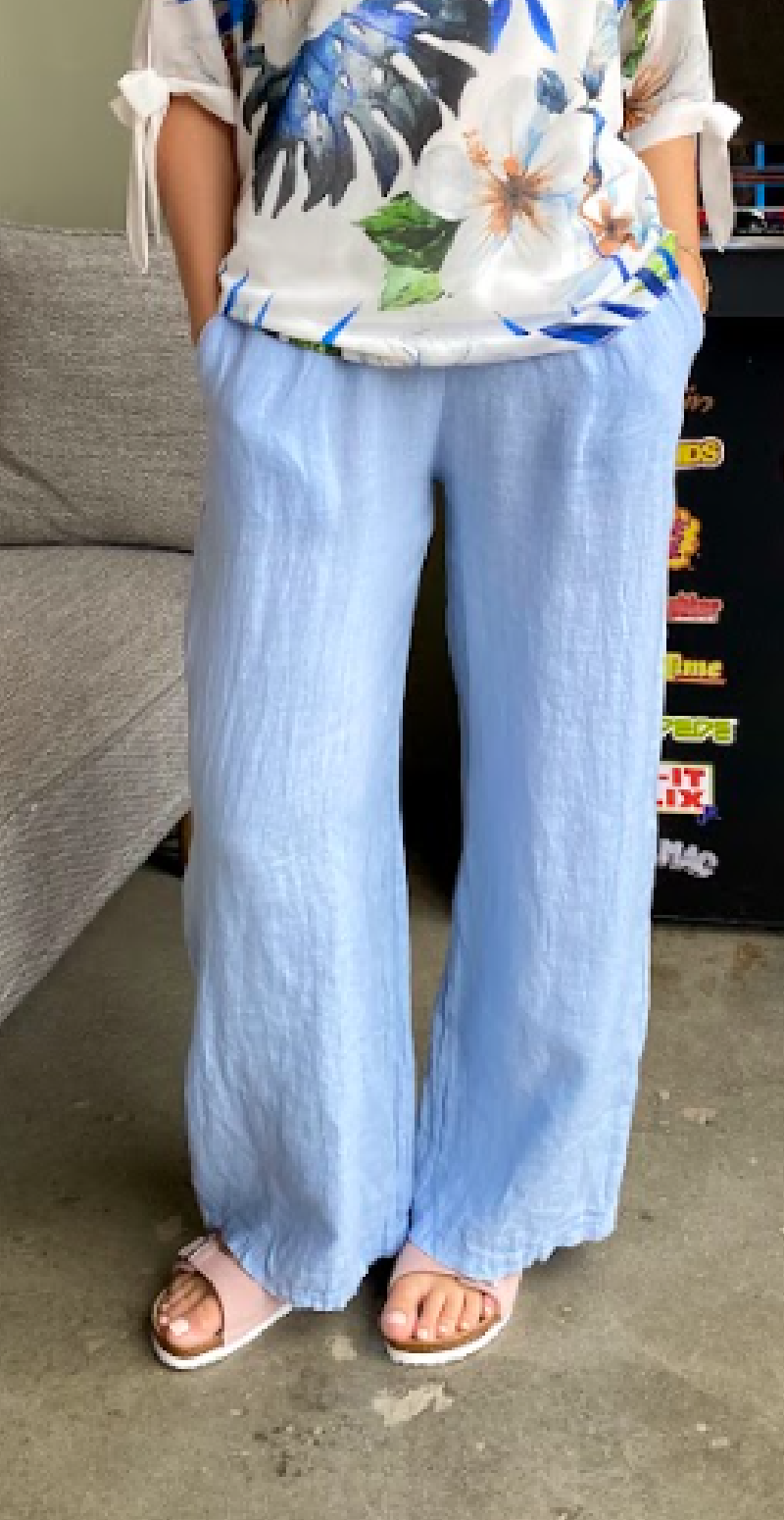 Lilli hørbukser med lommer og elastik i taljen lysblå Likelondon