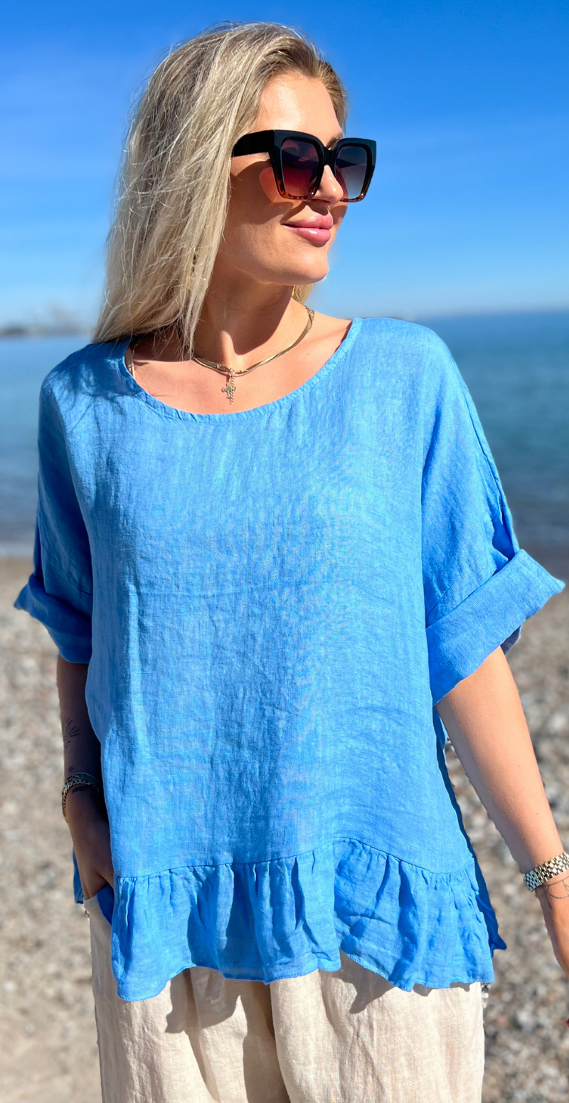 Freja hørbluse med peplum blå LikeLondon