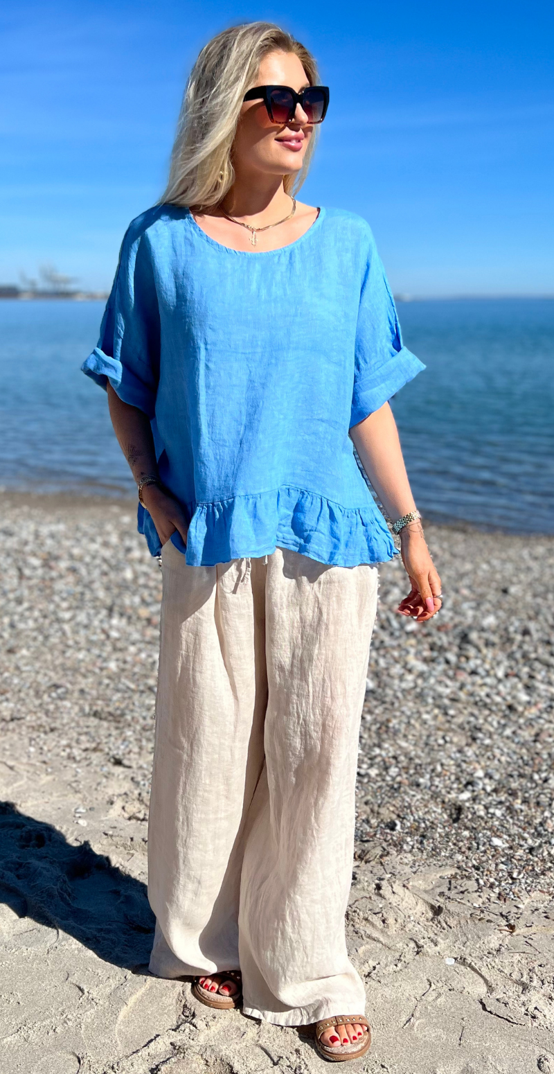 Freja hørbluse med peplum blå LikeLondon