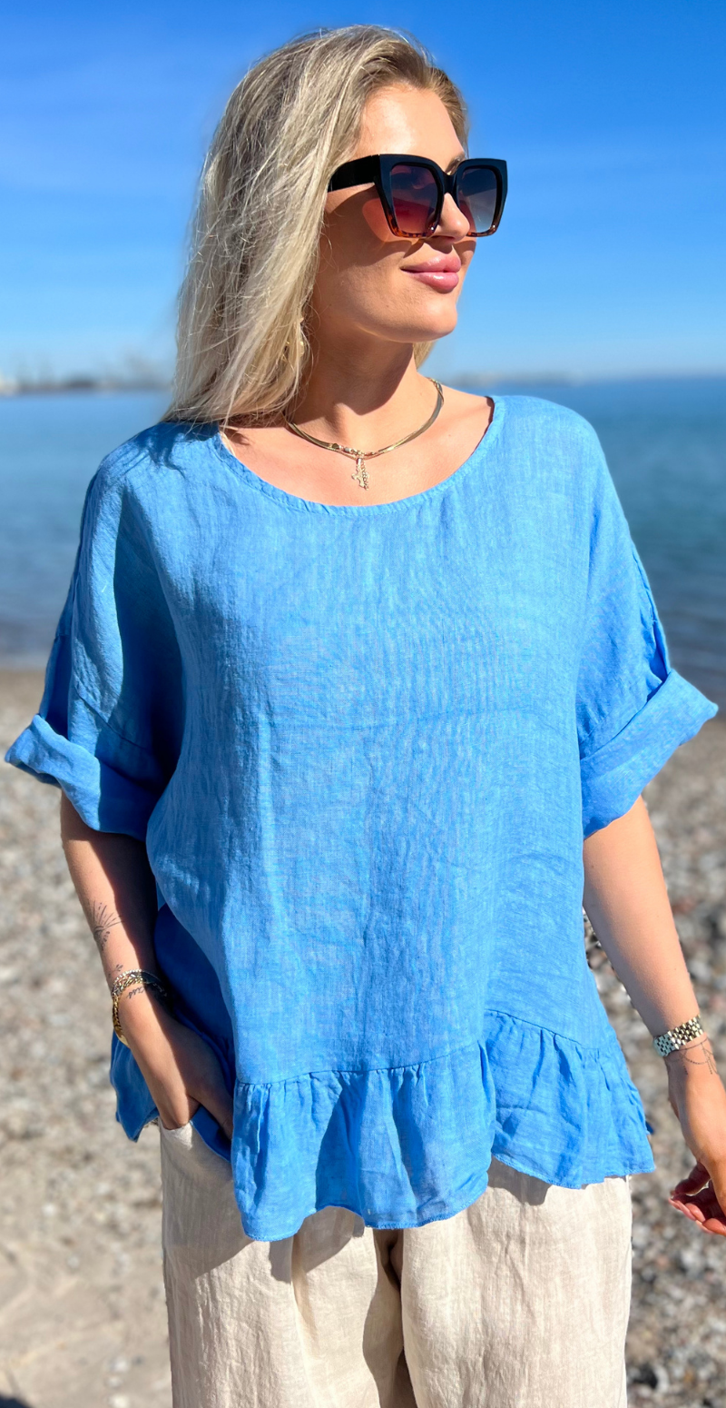 Freja hørbluse med peplum blå LikeLondon