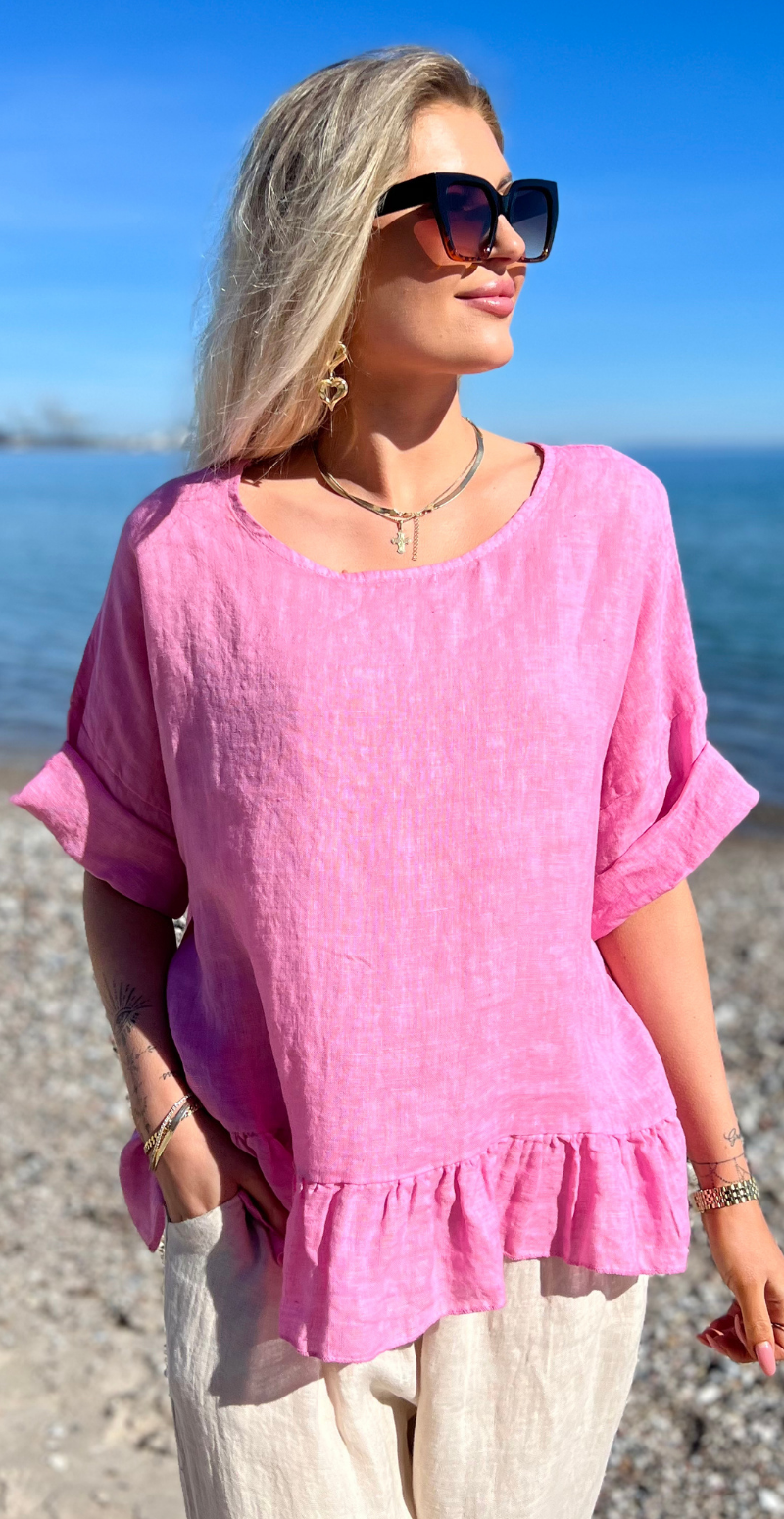 Freja hørbluse med peplum rosa LikeLondon