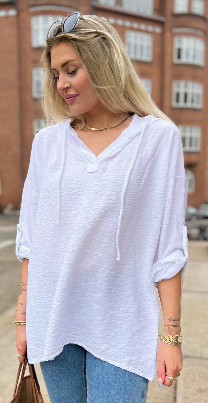 Etly bluse med hætte og snørre hvid LikeLondon