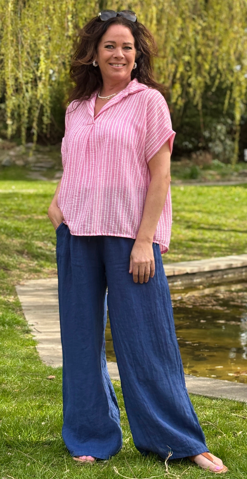 Serine bluse med striber og skjortekrave pink LikeLondon