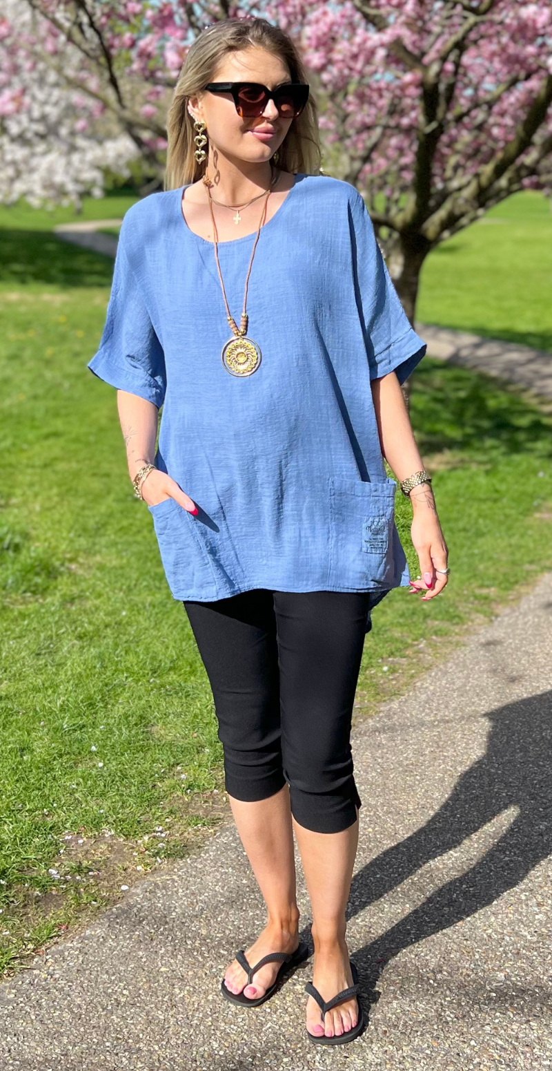 Alexis bluse med vidde, lommer og halskæde denim LikeLondon