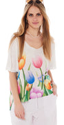 Cindy kortærmet strik med tulipaner hvid LikeLondon