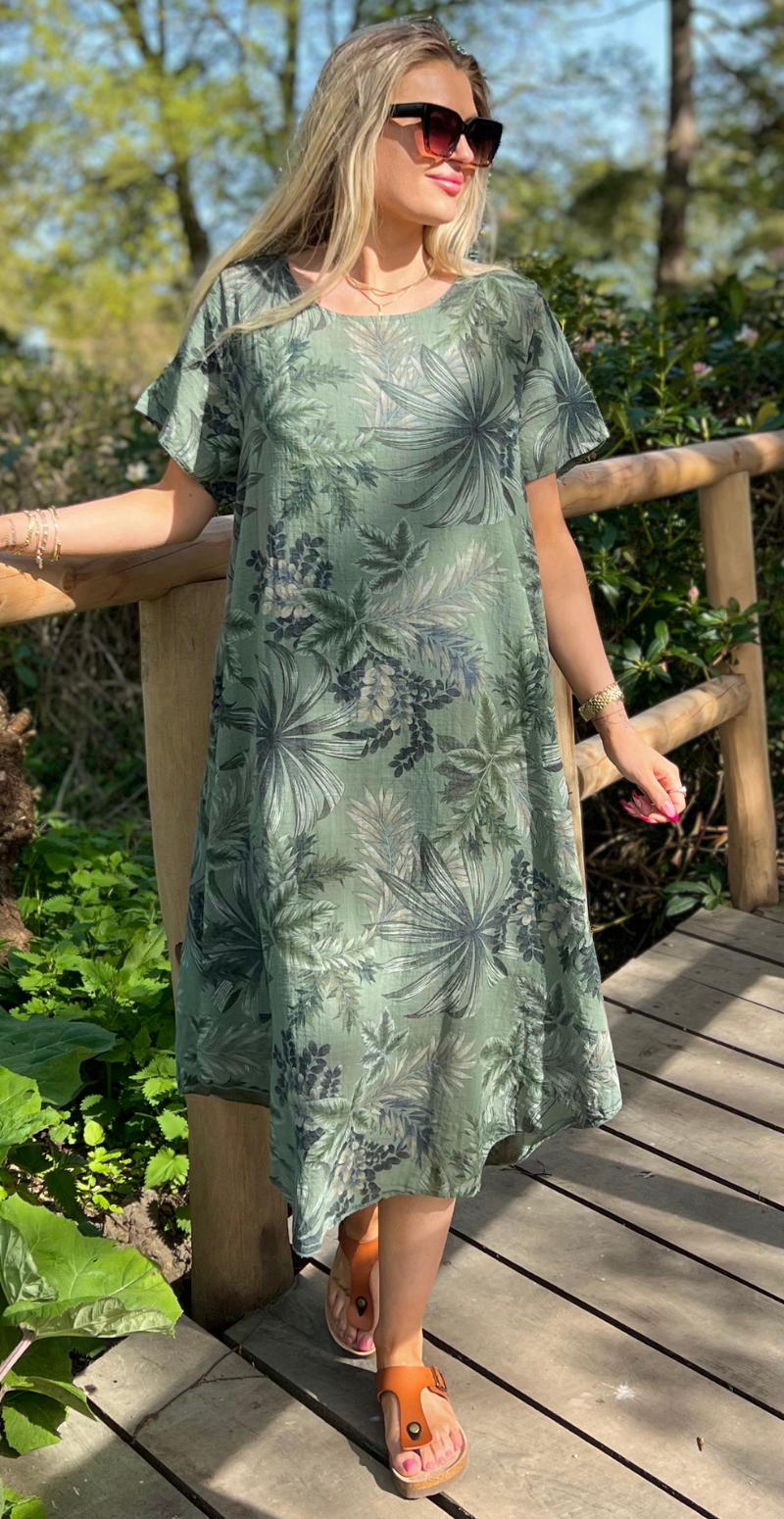 Babette kjole vidde og motiv af blade khaki LikeLondon