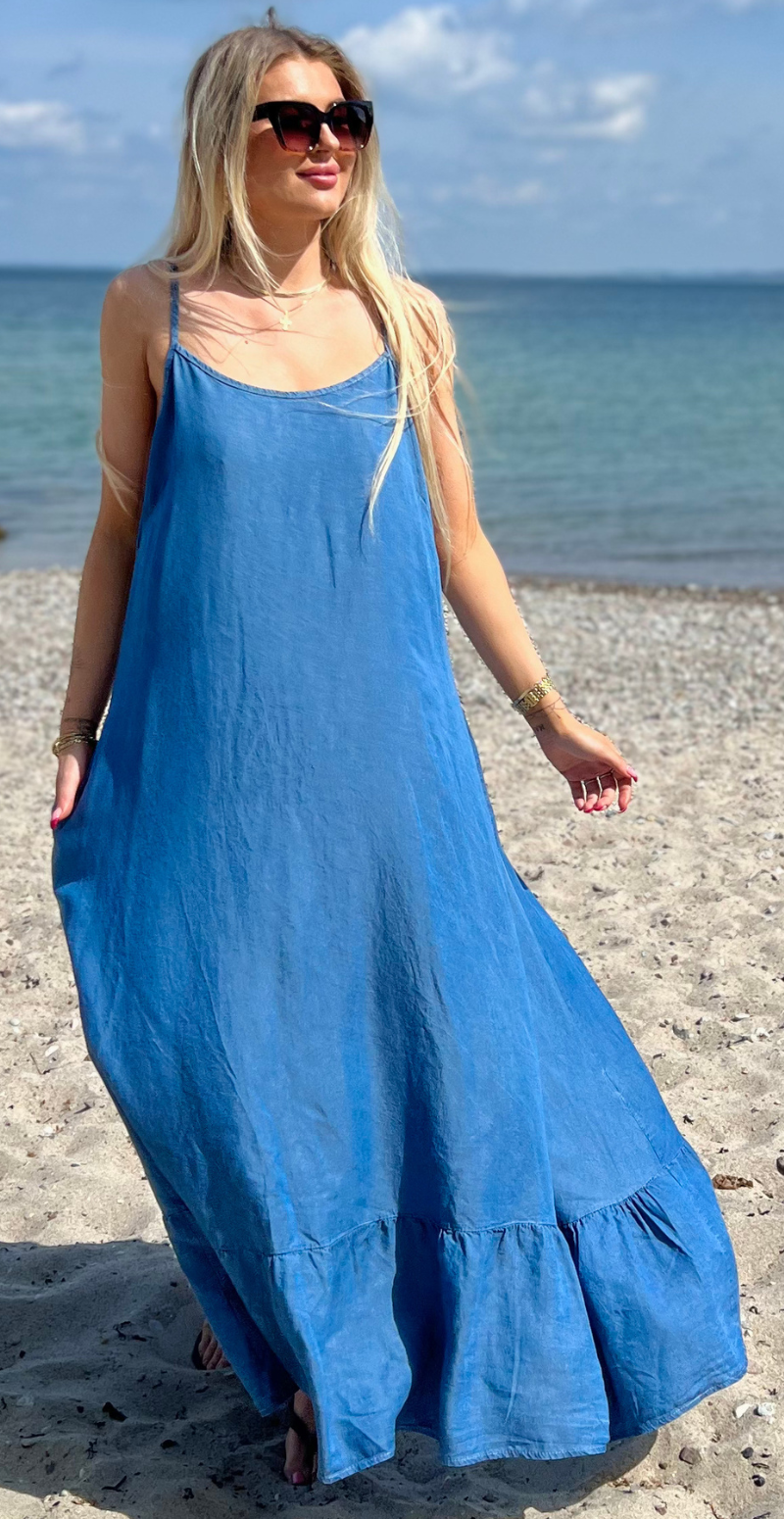 Ivalo lang denimkjole med lommer og peplum medium jeans LikeLondon