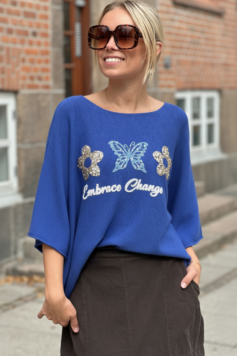 Lonnie strik med 3/4 ærmer og pailletter royal blue LikeLondon