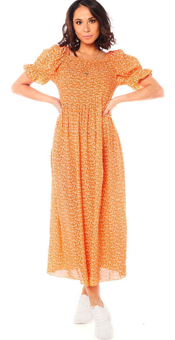 Vigga lang kjole blomsterprint orange LikeLondon