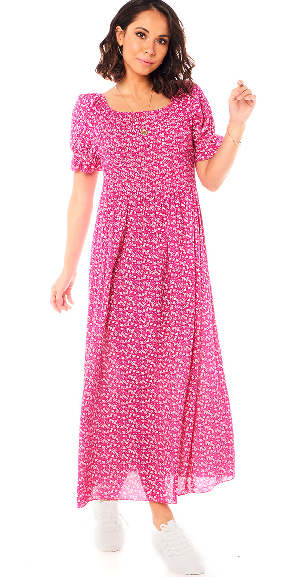 Vigga lang kjole blomsterprint pink LikeLondon