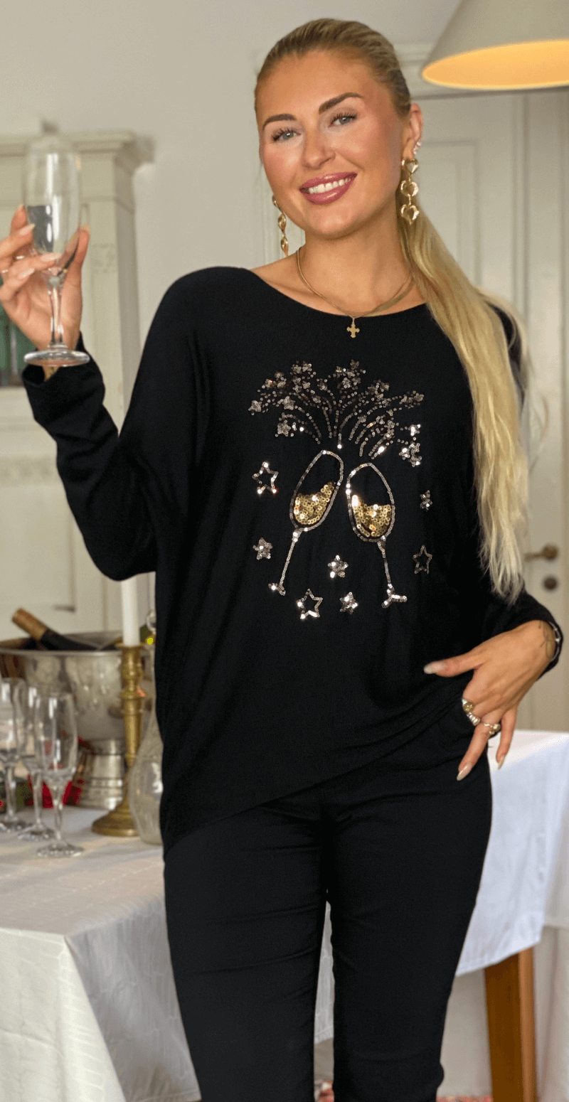 Madelene strikbluse med champagneglas i pailletter sort Likelondon