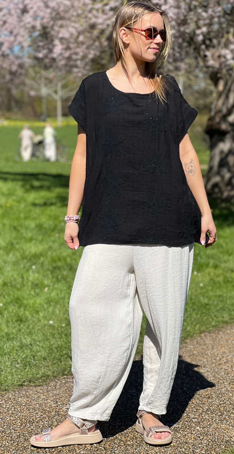 Zrita bluse med korte ærmer og hæklede blomster sort LikeLondon