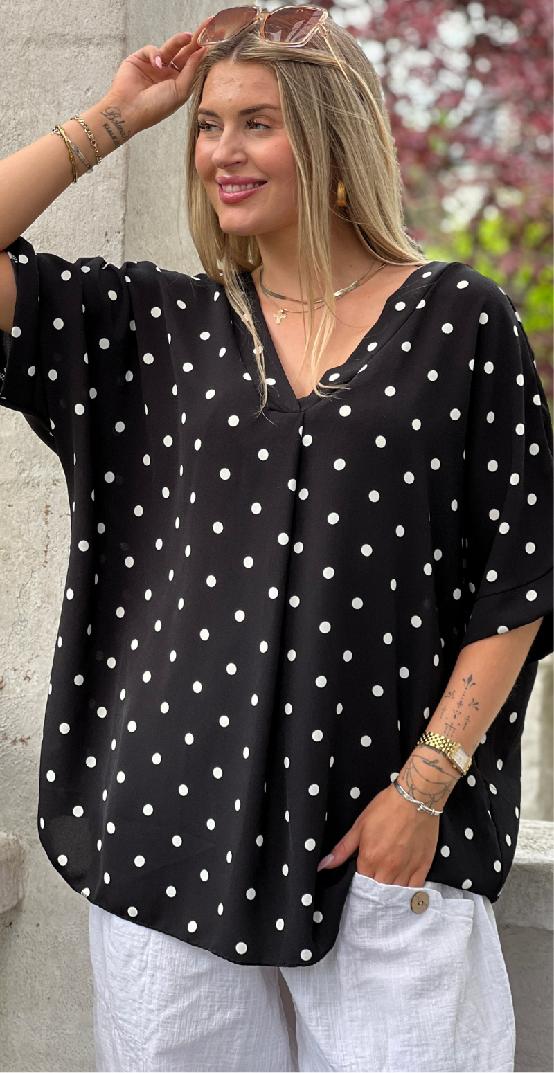 Channie bluse med v-hals og prikker sort LikeLondon