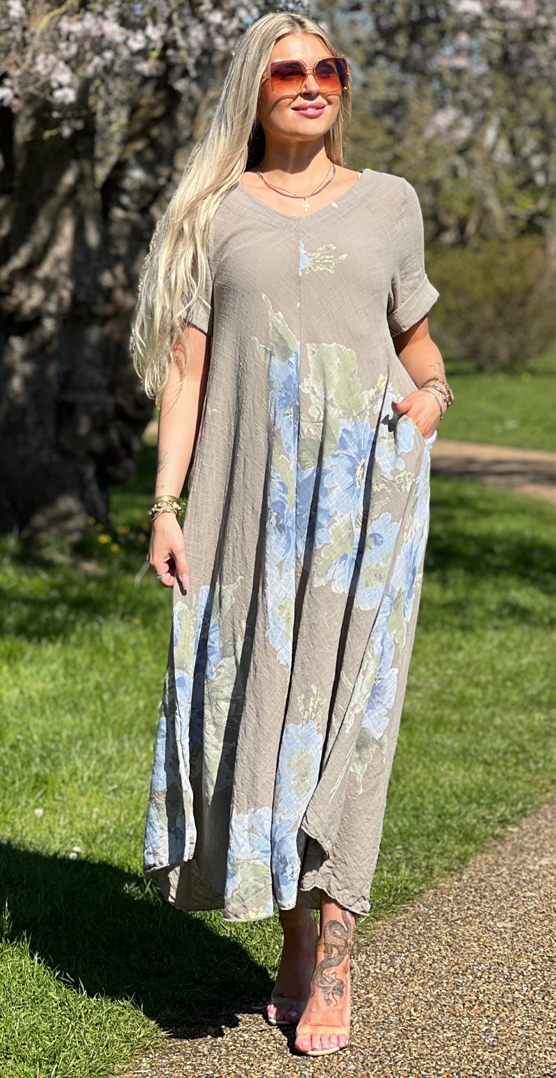 Meri lang kjole med blomsterprint og lommer fango LikeLondon