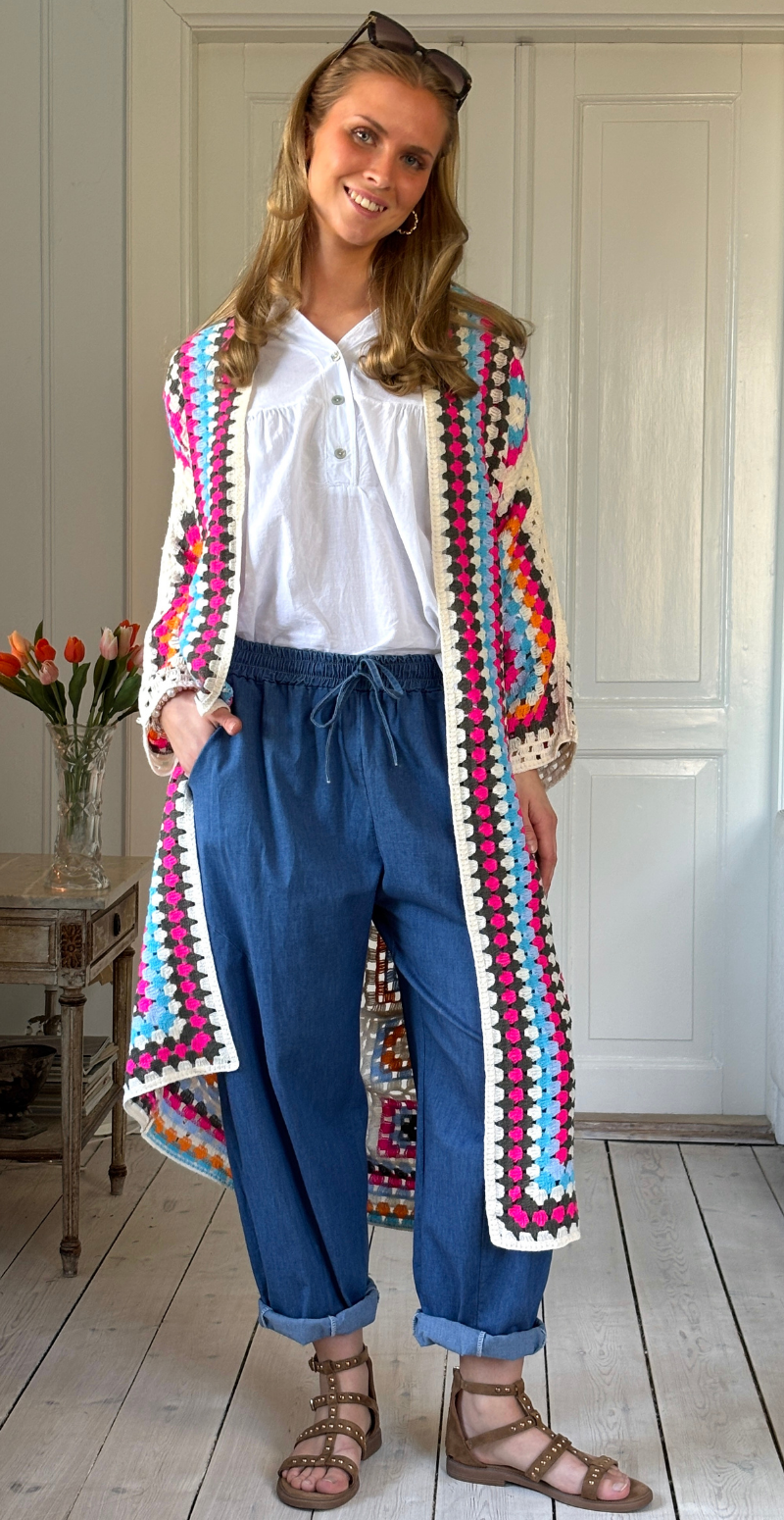 Libba lang cardigan med hæklet mønster pink/orange LikeLondon