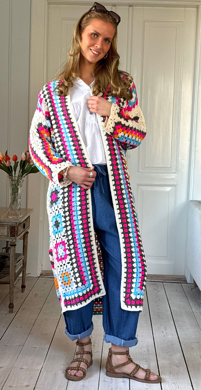 Libba lang cardigan med hæklet mønster pink/orange LikeLondon