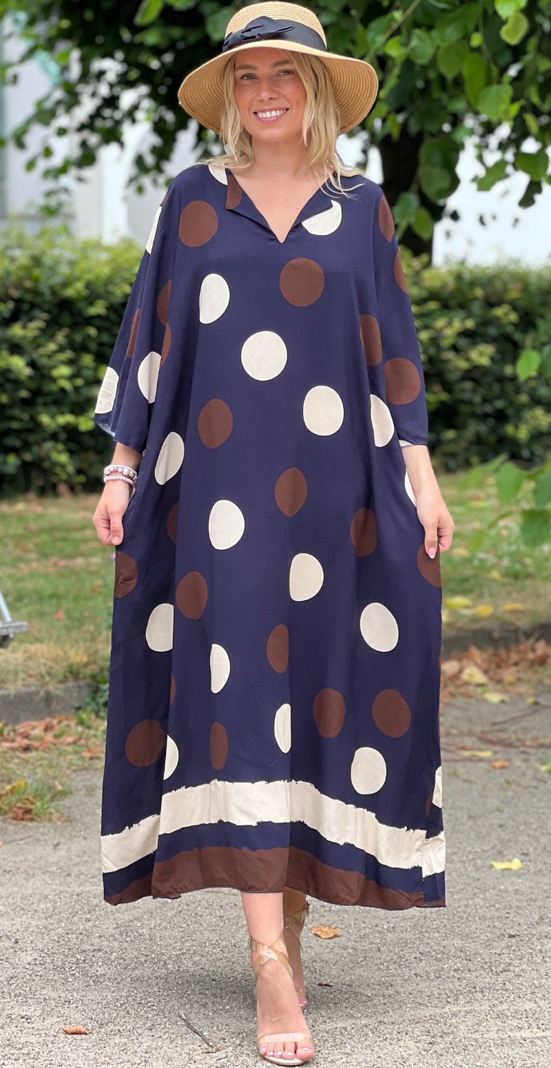 Effie lang kjole med store dots og lommer navy LikeLondon