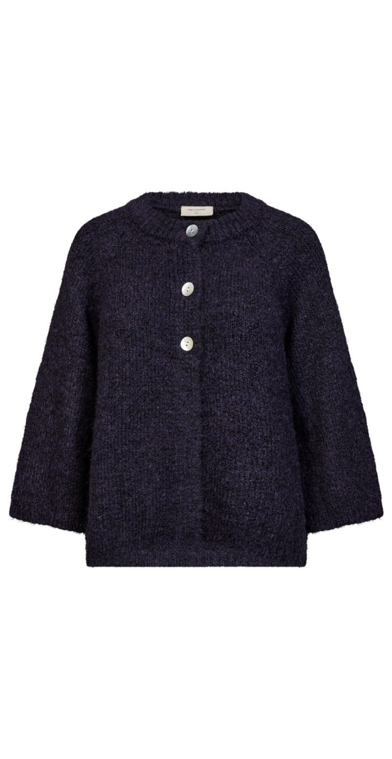 Lulu ensfarvet cardigan med 3/4 ærmer nightshade melange Freequent