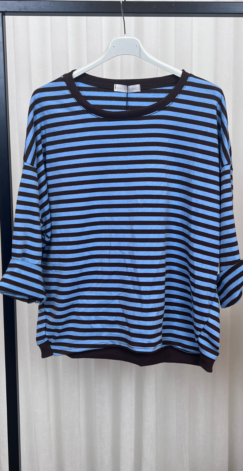 Zenia bluse med lange ærmer og striber sky blue/old brown LikeLondon