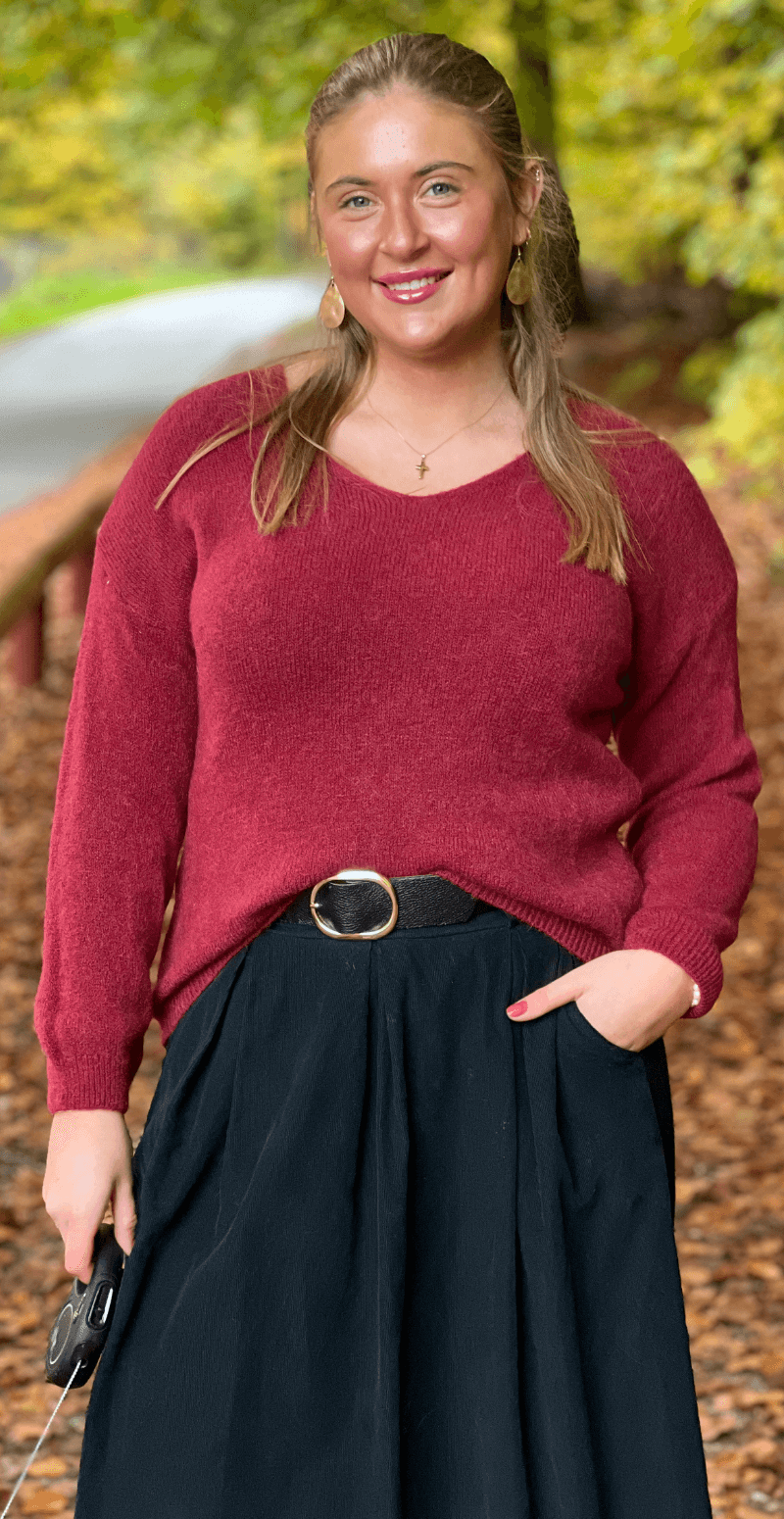 Cara uld strik med V-hals bordeaux LikeLondon