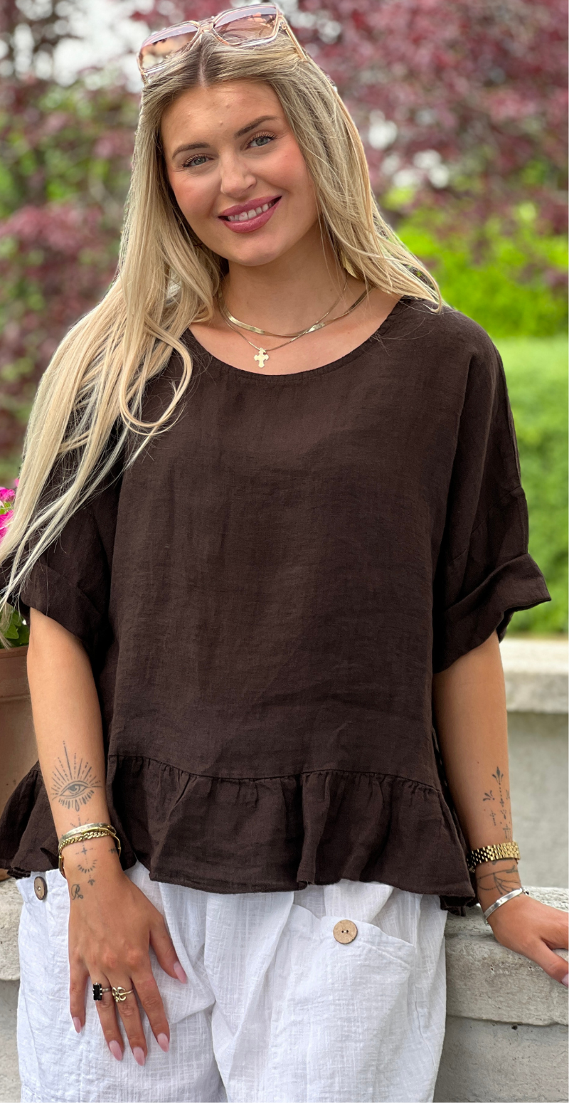 Freja hørbluse med peplum brun LikeLondon