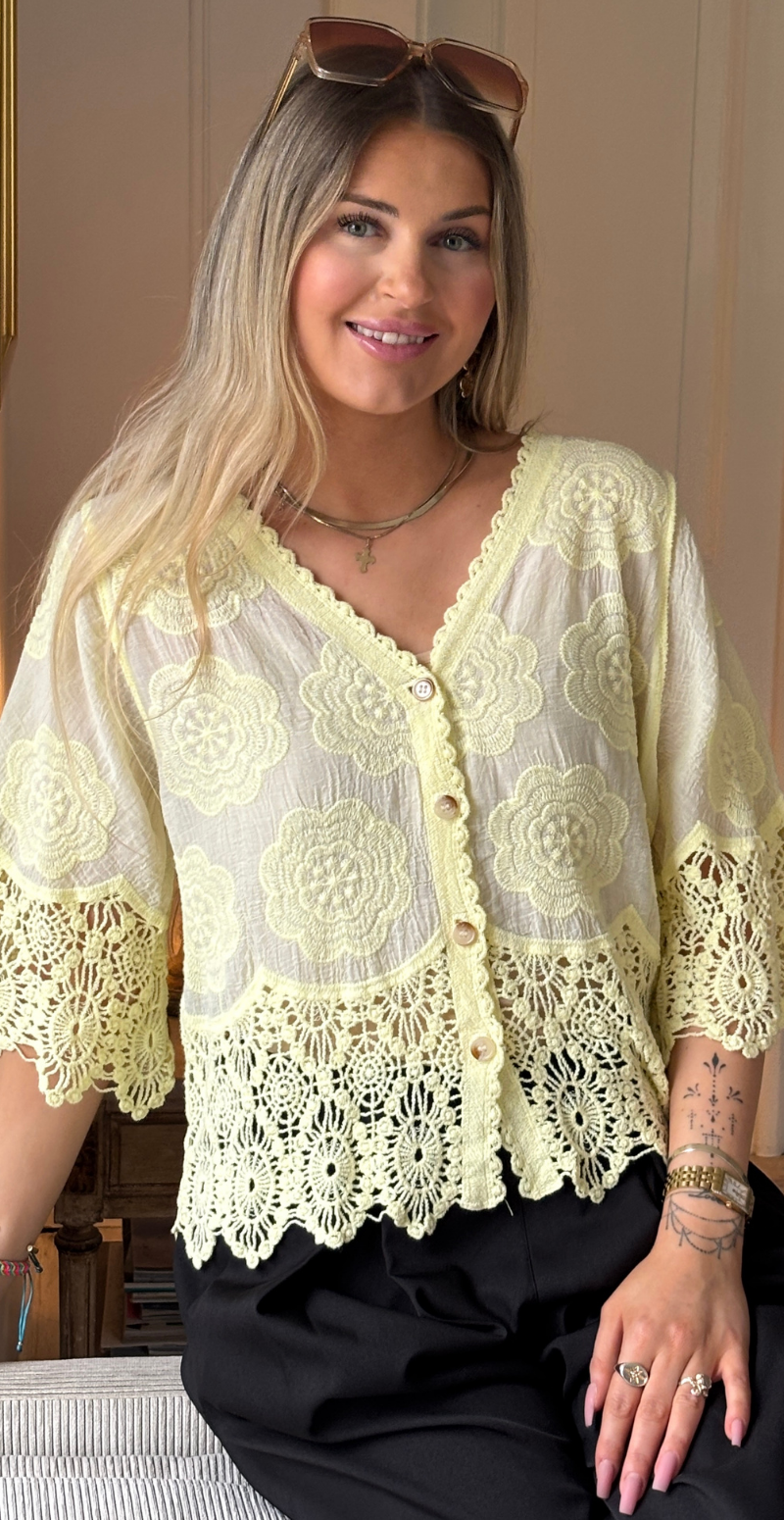 Silvia cardigan med 3/4 ærmer og hæklede kanter gul LikeLondon