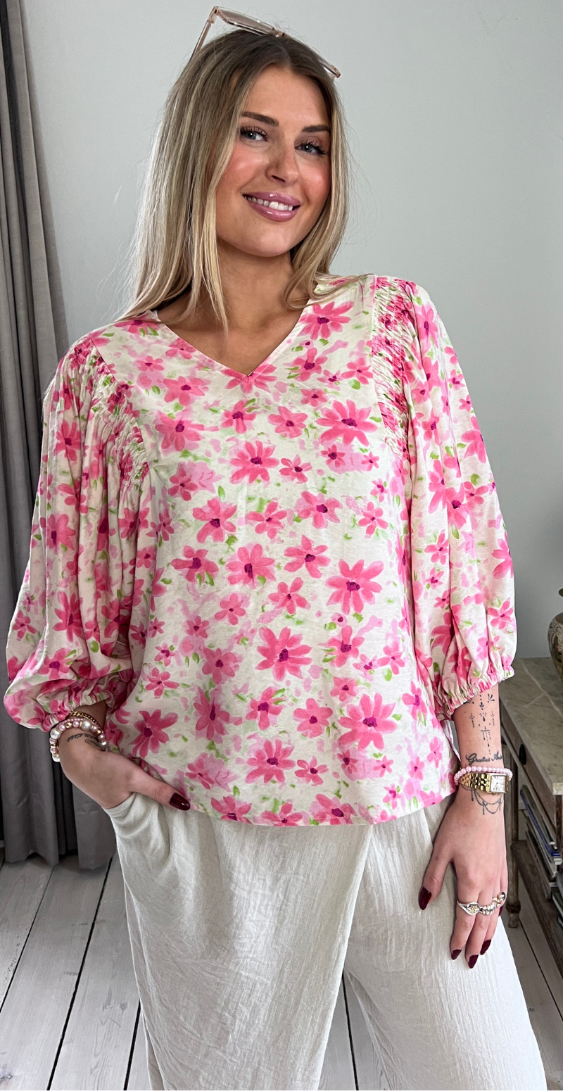 Jovi bluse med pufærmer og blomstermønster moonbeam w. sweet lilac Freequent