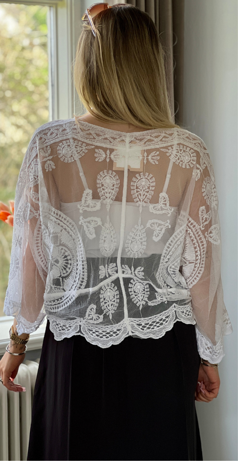 Norma blonde cardigan med bindebånd hvid LikeLondon