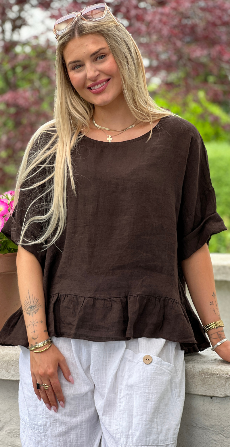 Freja hørbluse med peplum brun LikeLondon