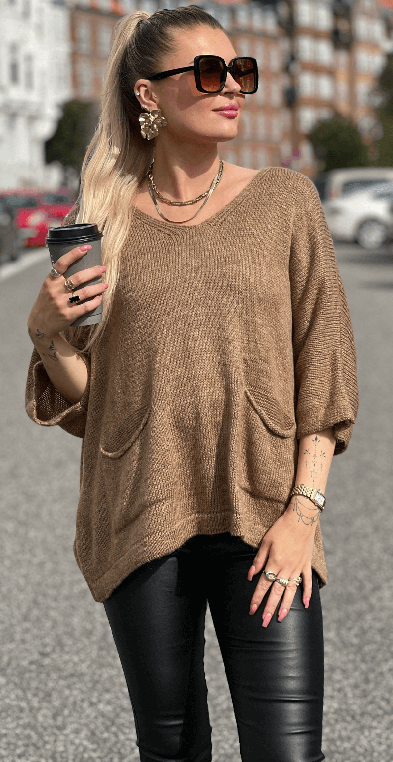 Laura strik med korte ærmer og lommer camel LikeLondon