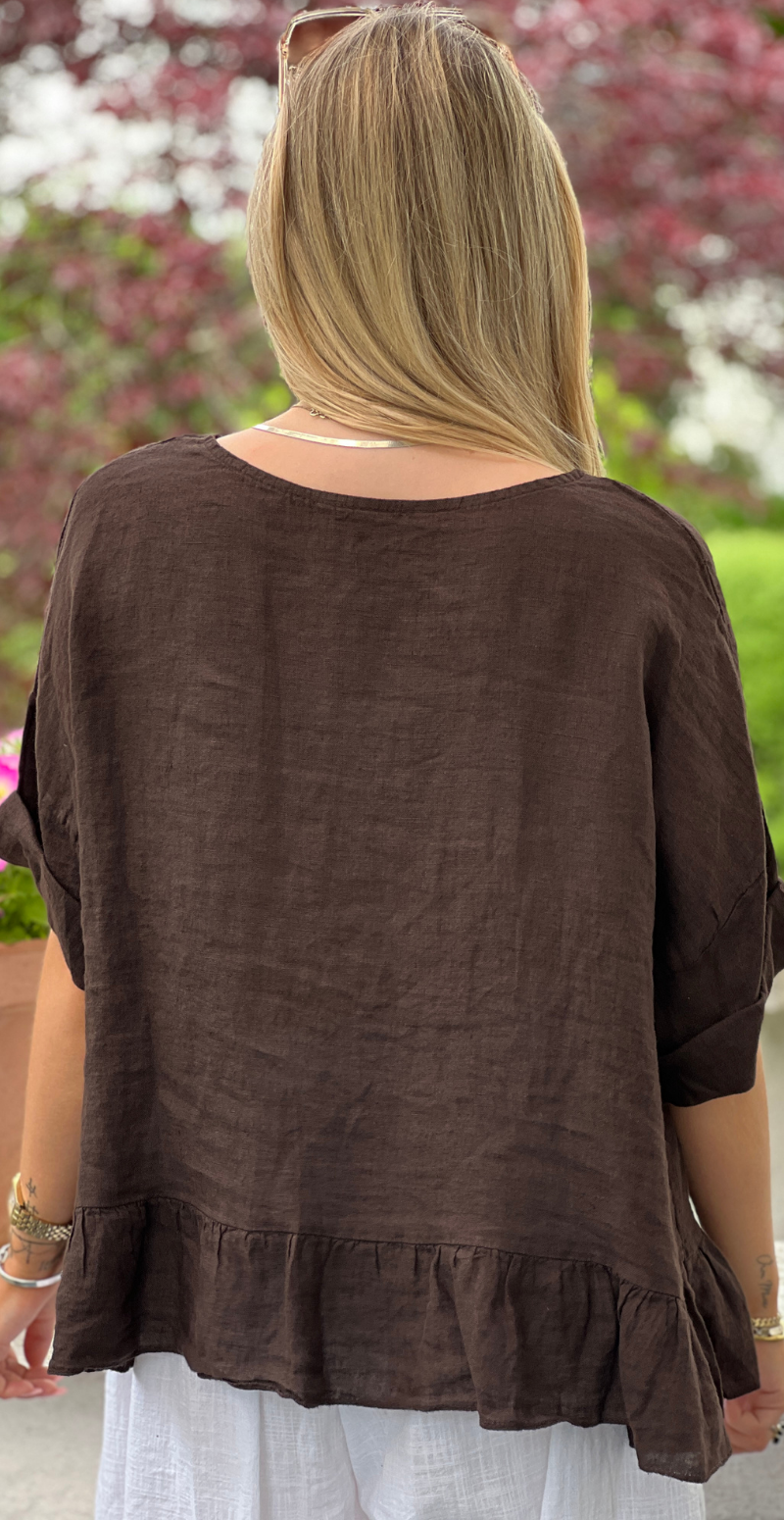Freja hørbluse med peplum brun LikeLondon